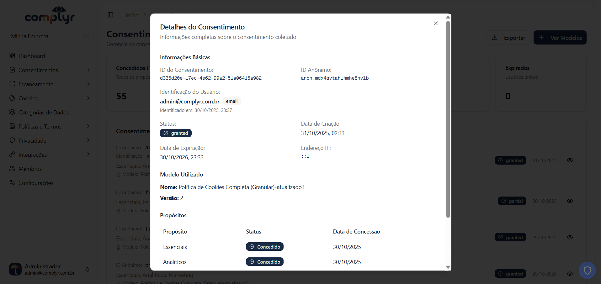 Dashboard - Consentimentos